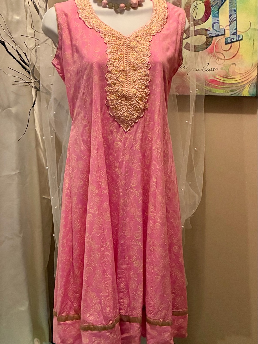 Sleeveless Pink Midi Dress with Gold Embellished V-Neck